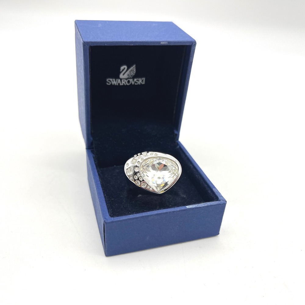 Swarovski Crystal Cocktail Ring Silver Tone Large Pear Faceted Statement Boxed